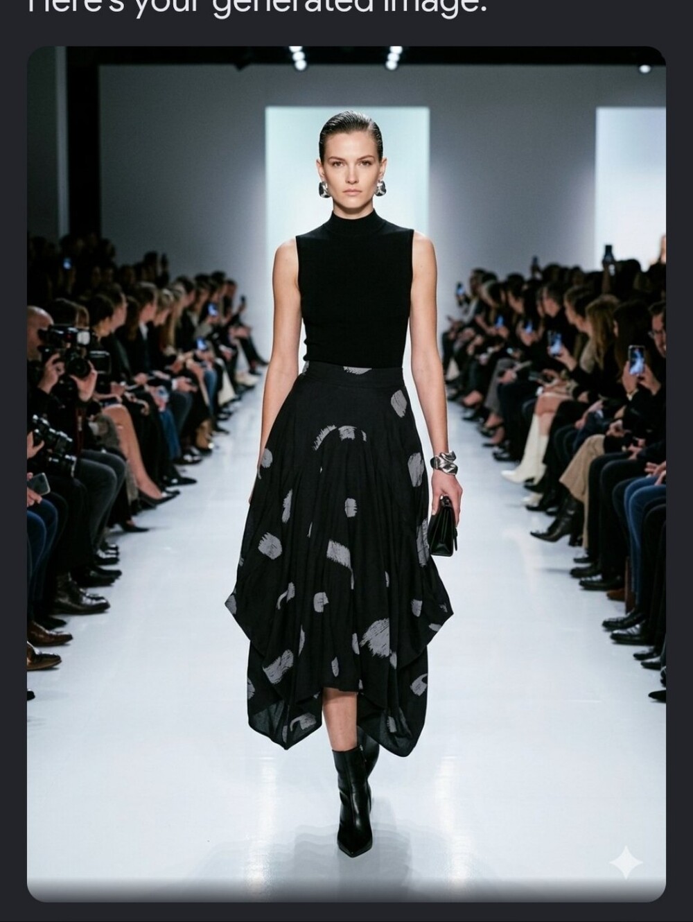 Black Asymmetrical Midi Skirt with Gray Brush-Print
